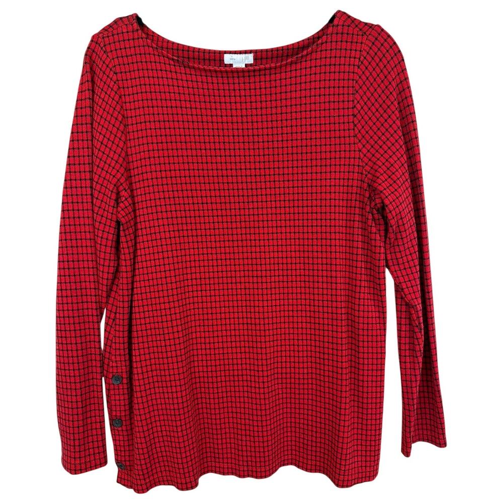 J. Jill Red and Black Check Side Button Scoop Neck Top M